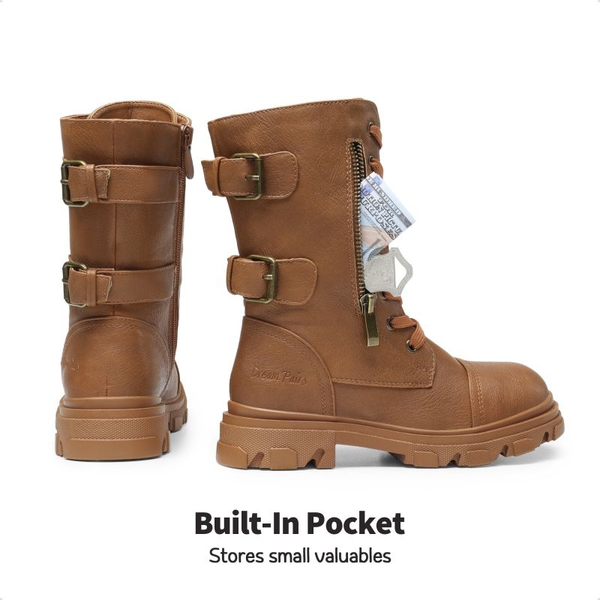 Girls Vegan Leather Combat Ankle Boots - CAMEL - 2